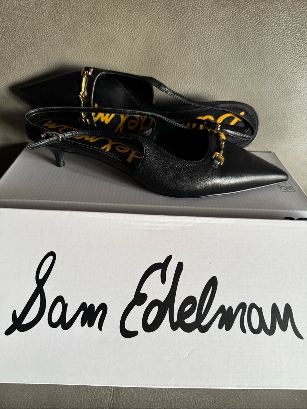 Sam Edelman Black Leather Pointed-Toe Slingback Heels with Gold Accent - Picture 1 of 8